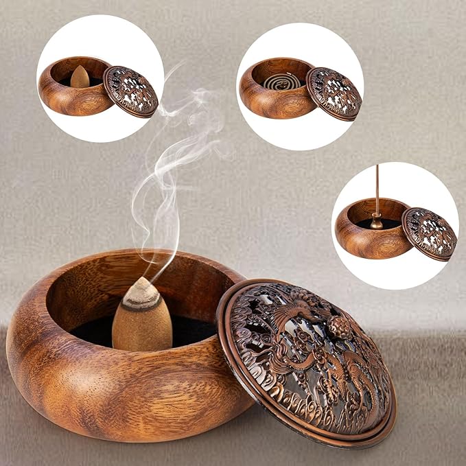 2 Pack Incense Cone Holder, Wooden Incense Burner with Brass Cover, Bakhoor Burners for Sticks Coil, Frankincense Room Home Decor Yoga Spa Meditation (R)