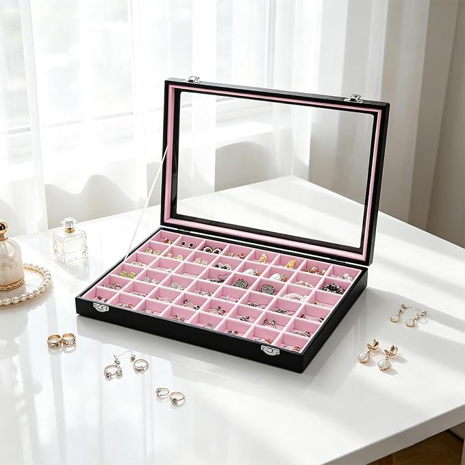 Stratalife 48 Grid Earring Organizer, Jewelry Holder Organizer with Lid | PU Leather Storage Box for Earring, Ring, Studs and Trinkets, Soft Velvet Drawer Organizer for Women, Dustproof, Pink Black