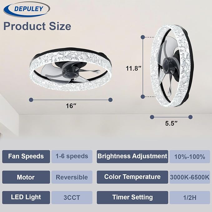 Depuley Ceiling Fans with Lights and Remote: 16" Modern Low Profile Flush Mount Ceiling Fan with App Remote Control - Black Fandelier for Bedroom Living Room Kitchen Dimmable Quiet DC Motor