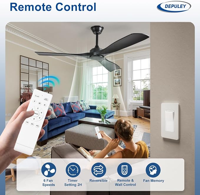 Depuley Ceiling Fan Without Light: 52 Inch 3 Blade Outdoor Fans for Patios - Black Ceiling Fan No Light Indoor Remote Control Ultra Quiet DC Motor Reversible 6 Speed Timer