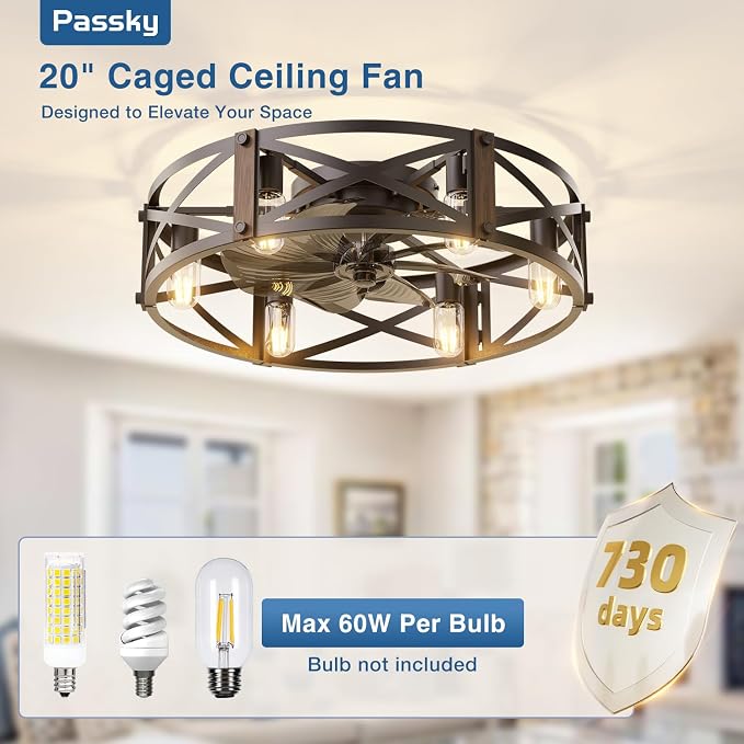Passky 24" Farmhouse Flush Mount Ceiling Fans with Lights and Remote, Industrial Black Caged Low Profile Fandelier, 6 Speeds Bladeless Ceiling Fan for Bedroom, Kitchen, Living Room