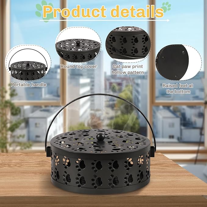 Portable Mosquito Coil Holder, Iron Mosquito Incense Holder with Handle for Home, Office, Camping with Cat Paw Cutout Design (Black)