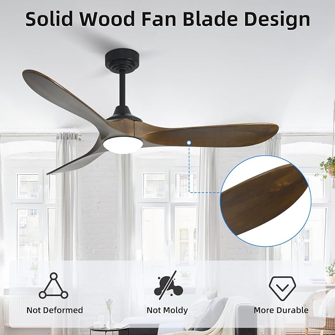 52” Outdoor Ceiling Fan with Light, Compatible with Alexa/Google, 3 Walnut Solid Wood Blade, Noiseless Reversible Dc Motor, Smart Outdoor Wood Ceiling Fan for Farmhouse Patios, Bronze