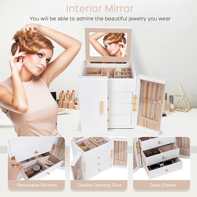 Dajasan Large Jewelry Box Organizer, Jewelry Storage Organizer with 3 Drawers, Huge Jewelry Box with Mirror for Women Girls, Double Door, Textured PU Leather, Gift Idea, Stylish (White + Gold)
