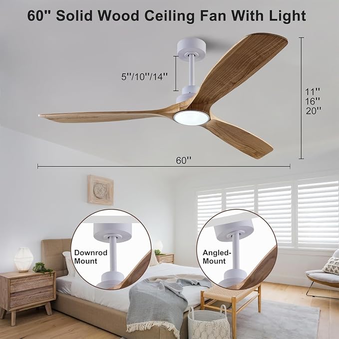 QUTWOB 60" Wood Ceiling Fan with Light, Reversible DC Motor, Remote Control | solid wood blades, quiet 6-speed reversible dc inverter motor, remote control, 3-color led, for indoor outdoor patio bedroom