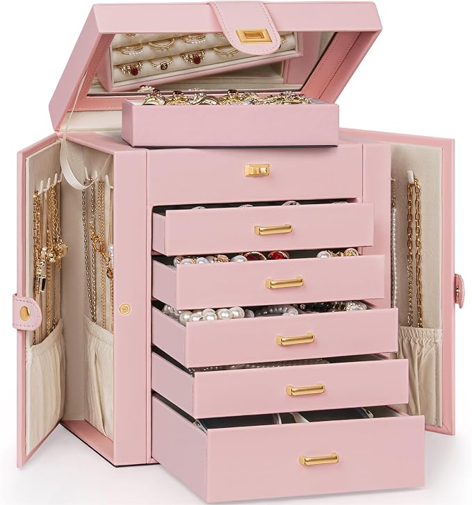 AKOZLIN 6-Tier Jewelry Box Organizer Functional 5 Drawers Leather Jewelry Storage Case for Women Girls Ring Necklace Earring Bracelet Holder Organizer with Mirror Medium Pink