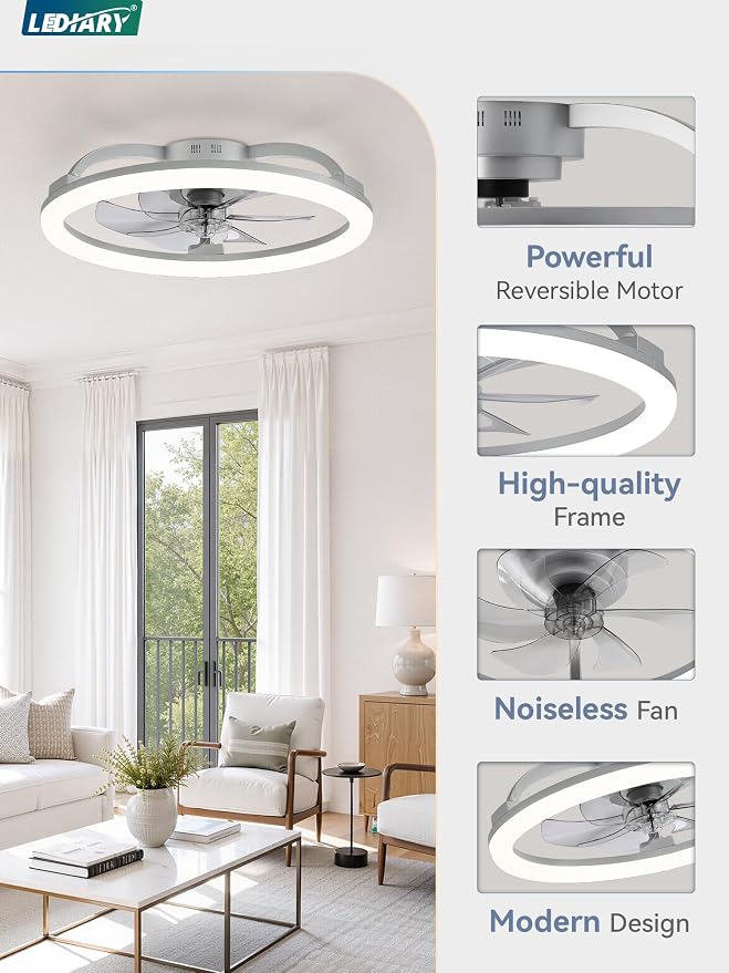 LEDIARY 23 Inch Ceiling Fans with Lights and Remote for Bedroom, Grey | Low Profile Flush Mount Ceiling Fan, Dimmable Modern Fan Light (3000K-6000K), 6 Speed, Reversible, APP & Remote Control