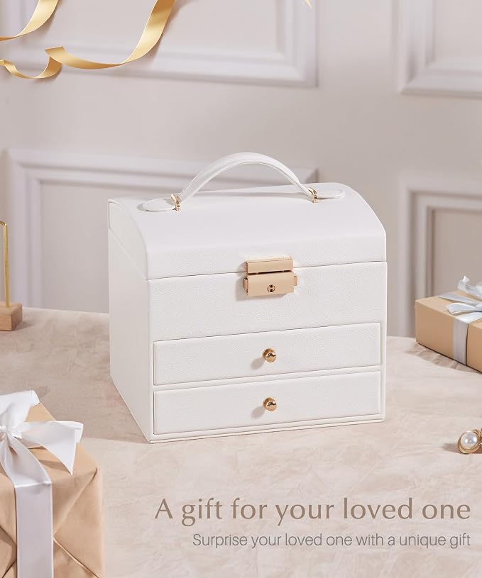 Homde Small Jewelry Box for Girls: 3-Layer Lockable Organizer (Cloud White) | Removable Tray&Dividers for Flexible Storage - Sort Earrings&Rings&Necklaces for Beginners - Birthday Gift for Teens