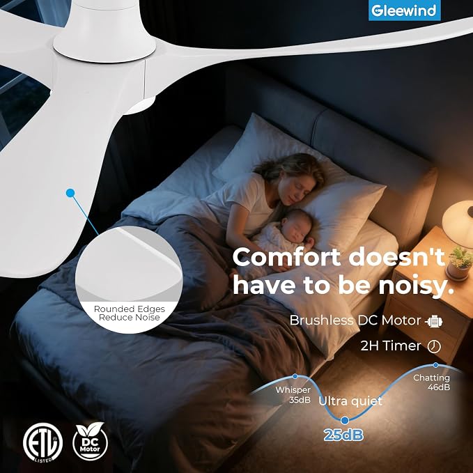52 inch Smart White Ceiling Fans with Lights, Outdoor Flush Mount Low Profile Ceiling Fan with WIFI Alexa and App Remote Control, Quiet DC Motor, 3 Blades Wood Modern ceiling fan for Bedroom Patio