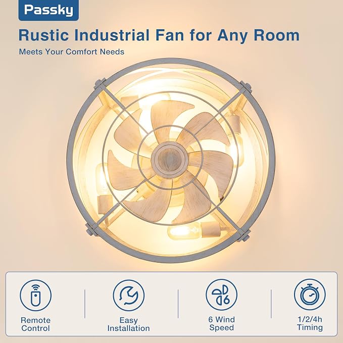 Passky 20" Farmhouse Flush Mount Ceiling Fans with Lights and Remote, Industrial White Caged Low Profile Fandelier, 6 Speeds Bladeless Ceiling Fan for Bedroom, Kitchen, Living Room
