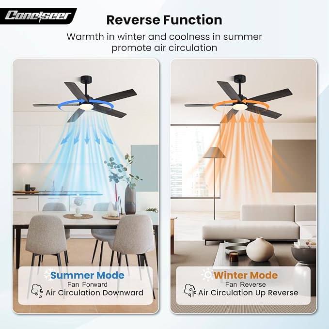 Modern 52 Inch Ceiling Fans with Lights and Remote for Bedroom Living Room Kitchen Home Office Indoor/Outdoor, 18W 3CCT Dual Color 5 Blades 6 Speed Reversible Quiet DC Motor, Black/Wood Grain