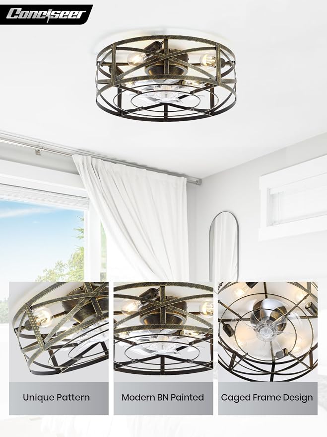 Conciseer 20 Inch Caged Ceiling Fans with Lights and Remote, Flush Mount, Low Profile 7 Blades 6 Speed Reversible Quiet DC Motor for Bedroom, Kitchen and Living Room, Black/Gold Brushed