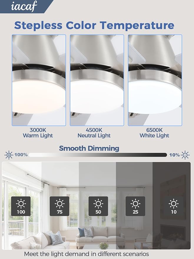 Ceiling Fans with Lights, 52'' Low Profile Ceiling Fan with Light and Remote/APP Control, Dimmable, Qiuet DC Motor, Flush Mount Ceiling Fan for Indoor Bedroom Living Room, Nickel