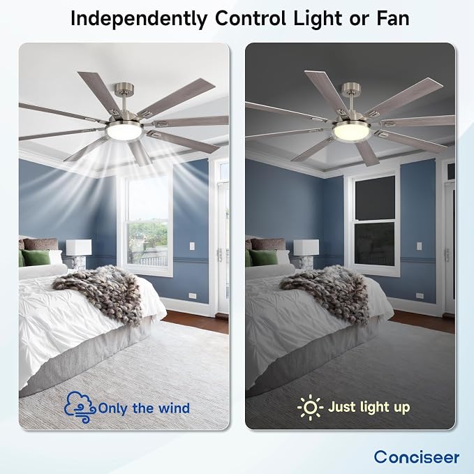 72 Inch Ceiling Fans with Lights and Remote, Living Room Office Industrial, 5CCT Dimmable, Dual Color 8 Blades, 6 Speed Reversible Quiet DC Motor, Double-Layer Lampshade, Sand-nickel/Wood Grain