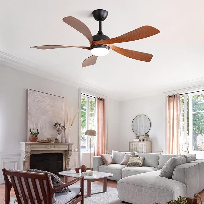 CACI Mall 52 Inch Ceiling Fans with Lights and Remote, modern, Outdoor ceiling fan with 6-Speed, 5 Blades, 2 Downrods, 3 CCT, Timer, Quiet Reversible DC Motor for Living Room, Bedroom, Patios
