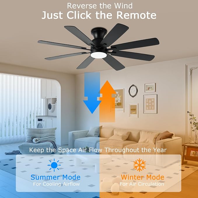 KNUN 52 Inch Ceiling Fan with Light,Low profile Ceiling Fans with Remote Control or App Control, 8 Blades, Noiseless, DC Motor, Flush Mount Ceiling Fan for Bedroom,Living Room, Indoor/Outdoor Black