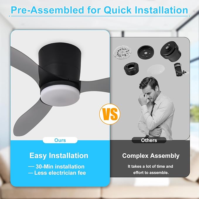 Depuley Flush Mount Ceiling Fan: 42-Inch Black Ceiling Fans with Lights for Bedroom Indoor Outdoor - Low Profile Ceiling Fans with Remote Control 24W 3CCT Dimmable 3 Reversible Black Blades 6 Speeds