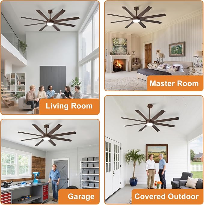 Large Ceiling Fan with Light: 66 Inch Indoor/Outdoor Fan Reversible DC Motor 6 Speed - Dual 8 Blades Big Ceiling Fans with Lights Dimmable 3CCT for Living Room Covered Patio, Brown