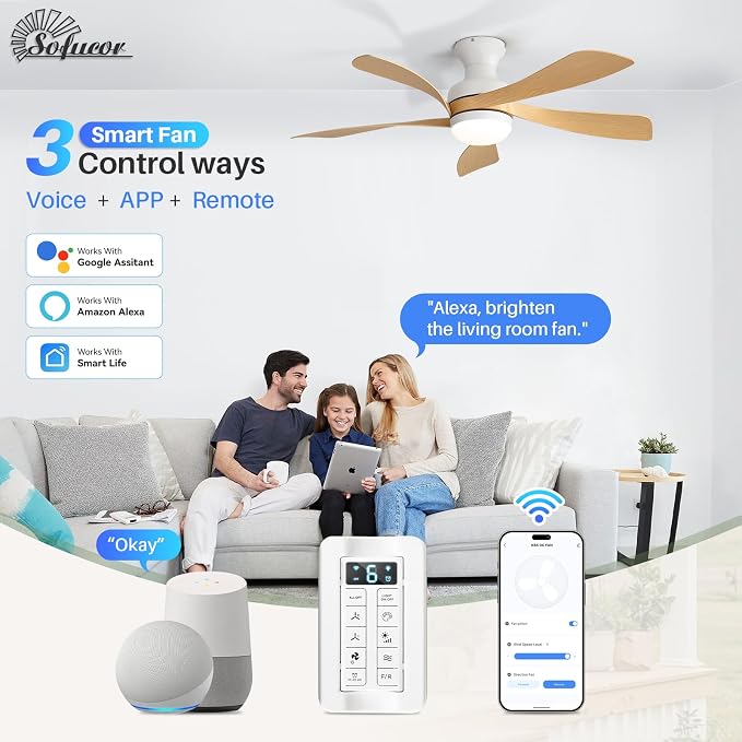 Sofucor Smart 42'' Low Profile Ceiling Fan with Lights and Remote, Flush Mount Ceiling Fan Work with APP/Alexa/Google for Modern Bedroom Living Room Patio, Dimmable LED Quiet Reversible DC Motor