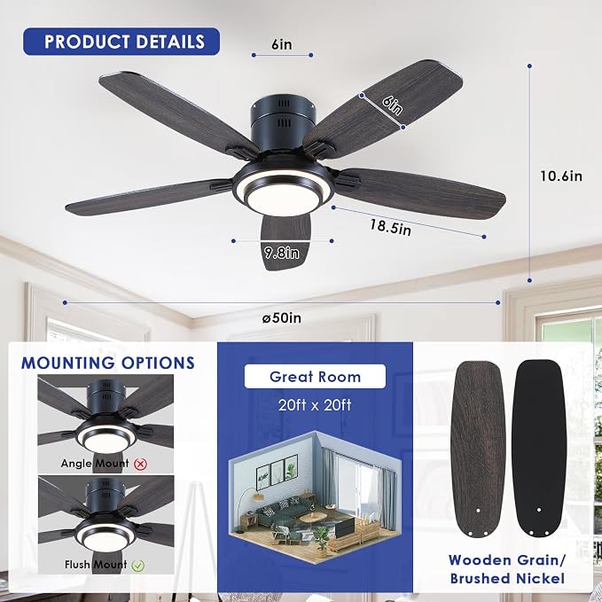 Hounberi 50 Inch Black Ceiling Fans with Lights and Remote, Modern Flush Mount Low Profile Ceiling Fan, 3CCT, Dimmable, Quiet DC Reversible Motor, for Bedroom Living Room Indoor/Outdoor Use