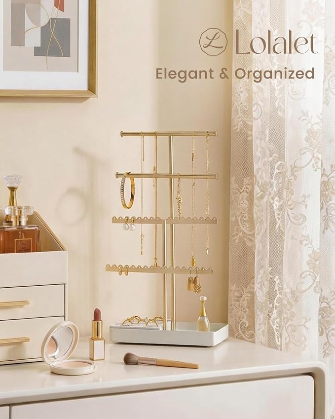 Lolalet 4-Tier Jewelry Organizer Stand, Metal Jewellery Holder, Dresser Display Rack for Necklace Earring Bracelets Rings, Gift for Women Girls -Gold