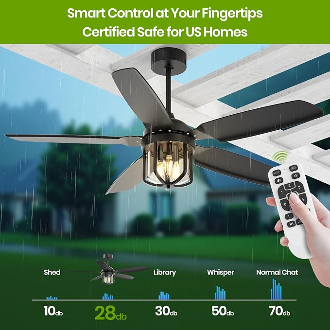 52 Inch Outdoor Ceiling Fans with Lights for Patios, IP65 Waterproof Ceiling Fan with Remote and 6-Speed DC Motor, Gazebo Ceiling Fan for Porch Pavilion Farmhouse Black (Included 3pcs Bulb)