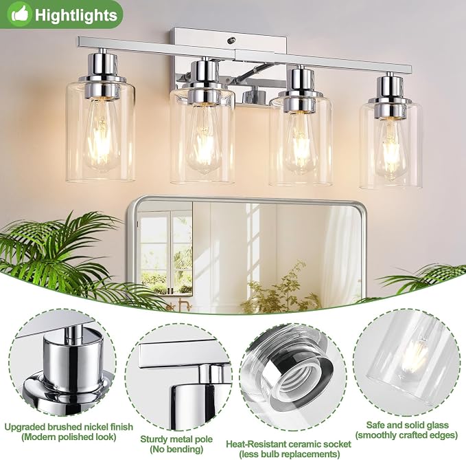 Indoi 4-Light Bathroom Light Fixtures, Chrome Modern Vanity Lights with Clear Glass Shades, Bathroom Wall Lamp for Mirror Living Room Cabinet Bedroom Porch