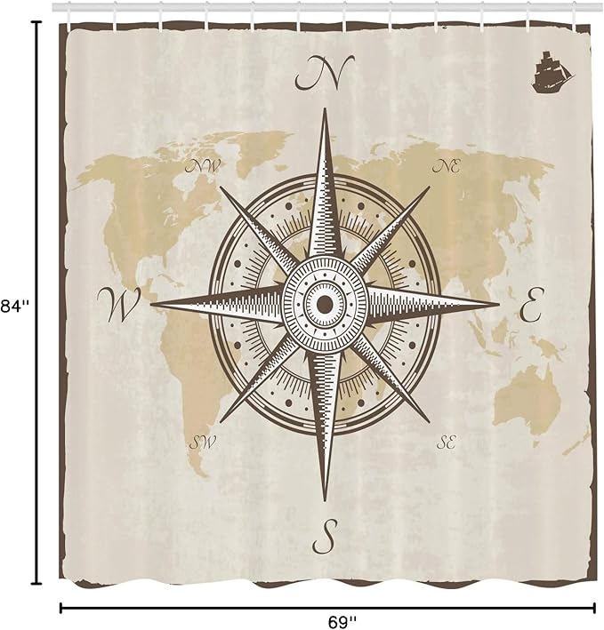 Ambesonne Compass Shower Curtain, Nautical Compass on Background Old Map with Torn Border Frame Illustration Print, Cloth Fabric Bathroom Decor Set with Hooks, 69" W x 84" L, Taupe Beige