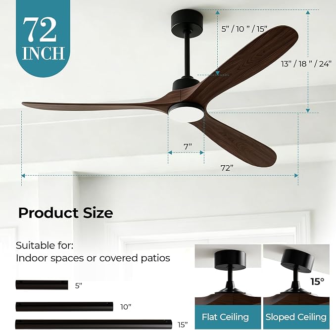 Ceiling Fans with Lights, 72 Inch Wooden Ceiling Fans with App Voice Remote Control, 6 Speed Quiet Fan, Dimmable Light Flush Mount Ceiling Fan for Bedroom Living Room, Walnut Wood