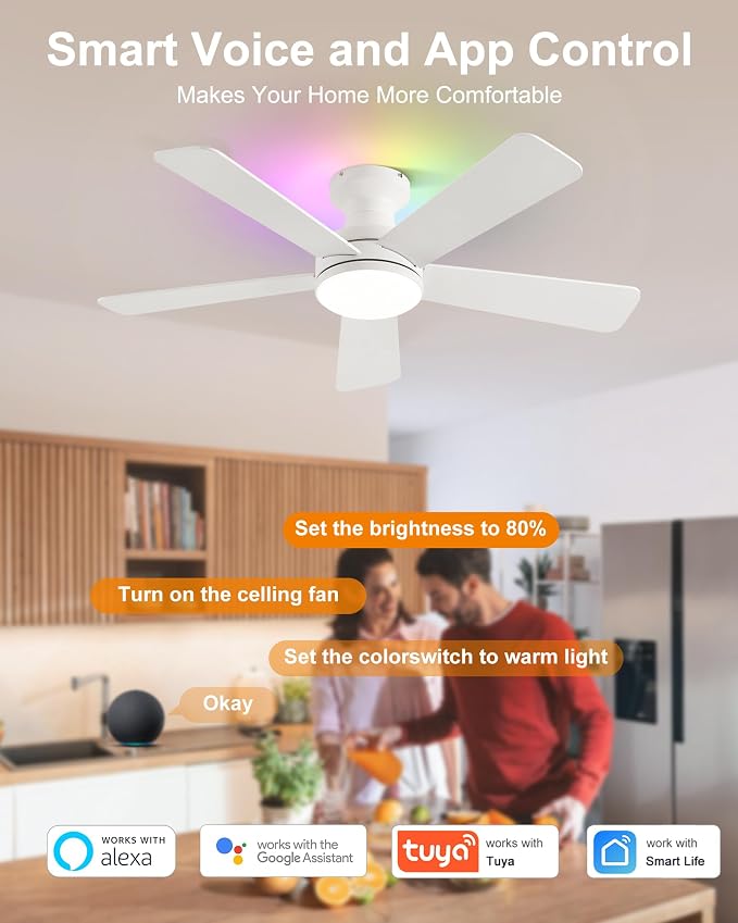 42 Inch Ceiling Fans with Lights, Smart Ceiling Fan with Alexa Google App, White Ceiling Fan with RGB Lights Remote, 6 Speeds Reversible DC Motor, Modern Flush Mount for Bedroom Living Room
