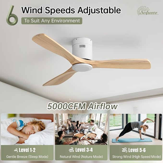 Sofucor 52 Inch Low Profile Ceiling Fans No Light, Modern Flush Mount Solid Wood Ceiling Fan with Airflow 5000CFM, Quiet DC Motor, 6 Speeds, Timer & Reversible for Bedroom Living Room,ETL,Natural Wood