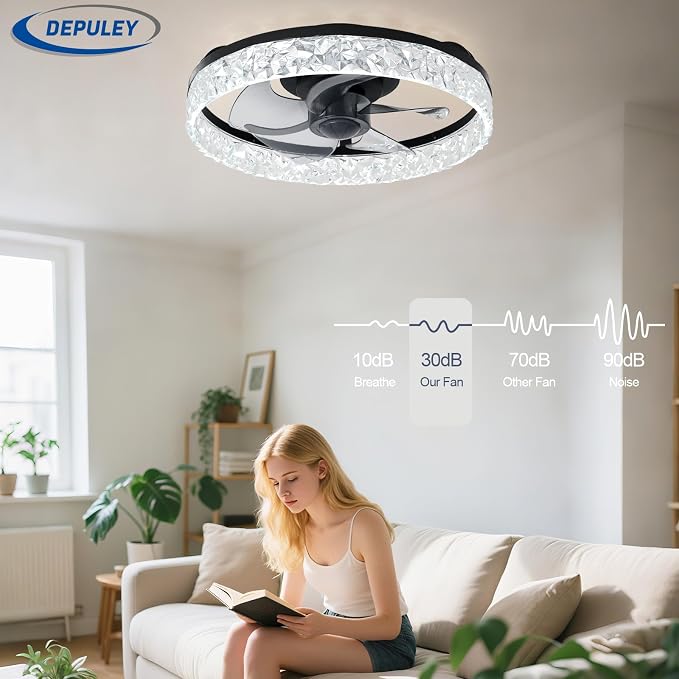 Depuley Ceiling Fans with Lights and Remote: 16" Modern Low Profile Flush Mount Ceiling Fan with App Remote Control - Black Fandelier for Bedroom Living Room Kitchen Dimmable Quiet DC Motor