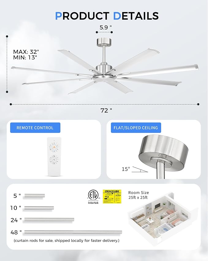 72 Inch Industrial Ceiling Fan Without Light, Brushed Nickel Outdoor Model for Covered Areas, 8 Aluminum Blades, Powerful Airflow, Modern No-Light Design, CF04NBN-72