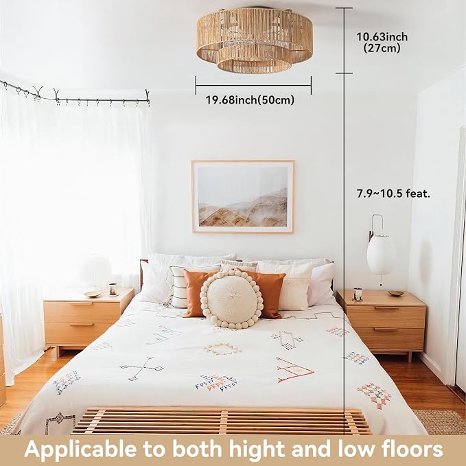 20'' Rattan Boho Ceiling Fan with Light, Enclosed Caged Ceiling Fans with Lights and Remote Control, Coastal Flush Mount with Reversible 6 Speeds for Living Room Bedroom Kitchen