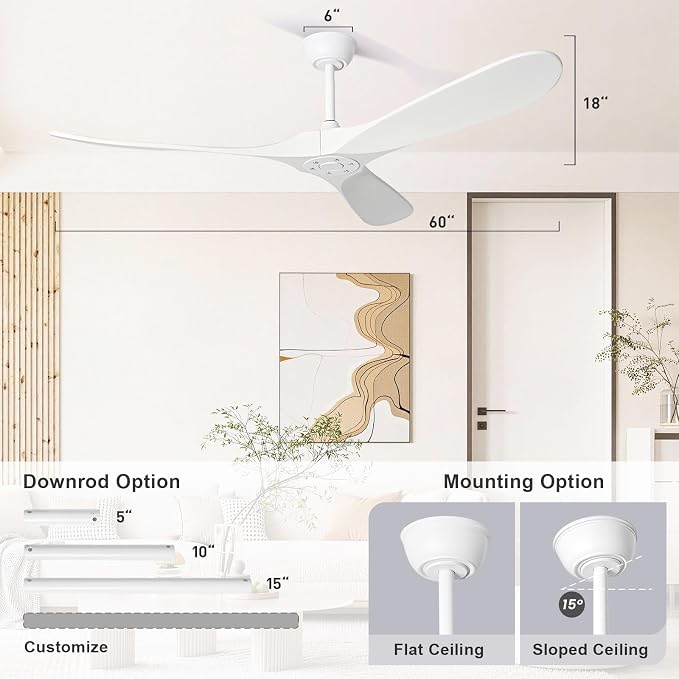 heimo 60 Inch White Ceiling Fan No Light，Indoor Outdoor 3 Blade Wood Ceiling Fans Without Lights for Patios Bedroom Living Room Farmhouse Big Outside Fan for Flat Sloped Angled Ceiling