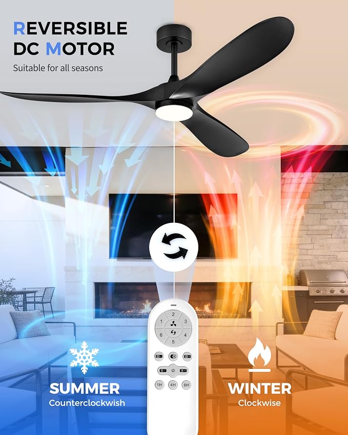 60 Inch Indoor Outdoor Ceiling Fan with Light and Remote, 3CCT Dimmable LED, Modern Black Ceiling Fan, Reversible Motor, Quiet 3-Blade ABS Fan for Living Room, Covered Patio, ZCCF08BK-60