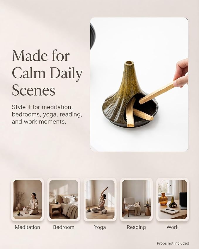 Ceramic Palo Santo Holder & Ash Catcher with Mini Chimney, Incense Holder & Sage Burner, Wabi-Sabi Home Decor for Meditation & Yoga(Antique Ochre)