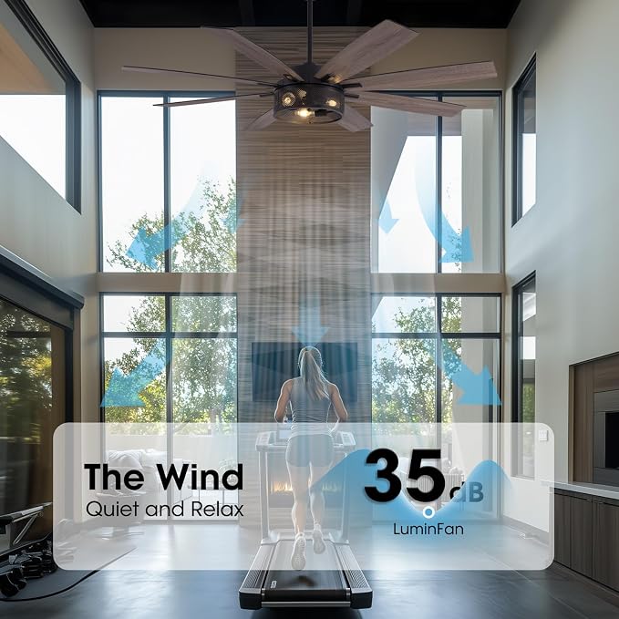 LuminFan 72 inch Large Ceiling Fans with Lights and Remote, Black Modern Ceiling Fan for Living Room, Patios, 6 Speed Reversible Quiet DC Motor, 8 Blades, Easy to Install