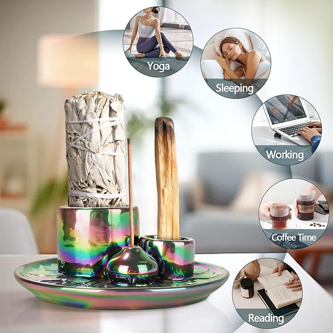 Comeon Ceramic Incense Stick Holder,Home Yoga 3 in 1 Incense Burner Sage Holder for Burning
