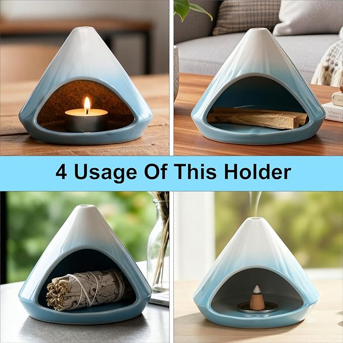 Ceramic Sage Smudging Holder, Pyramid Design Incense Burner with Smoke Outlet, 4.7 x 4.5 x 0.39 Inch, Black and White Glazed Finish (Blue)