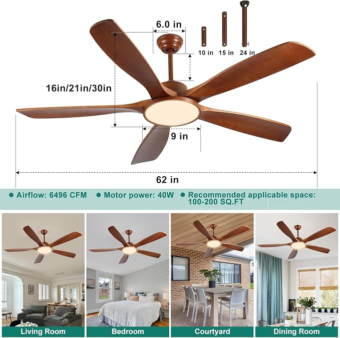 62 Inch Lage Ceiling Fans with Lights and Remote Wood Outdoor Fans for Patios 5 Solid Blades Modern Farmhouse Ceiling Fan for Porch Living Room 6 Speeds FCC Reversible DC Motor