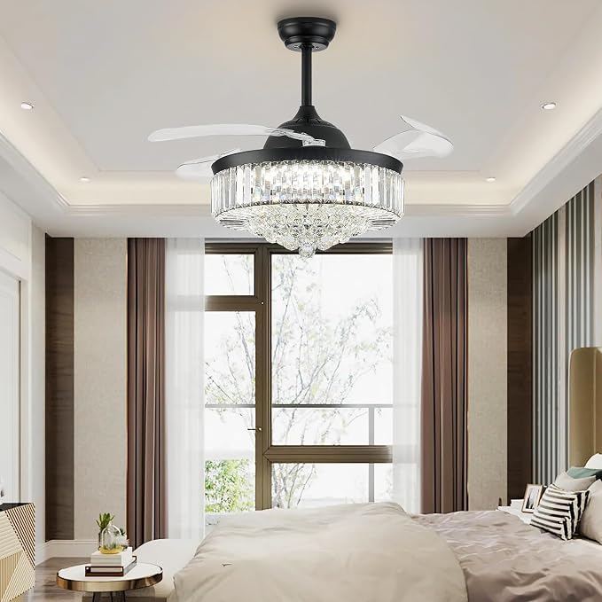 FIDGRA 42'' Fandelier Ceiling Fan with Light, Retractable Chandelier Fan, 3 Color Temperature, 6 Wind Speed, Crystal Ceiling Fan for Bedroom Living Room Dining Room-Black