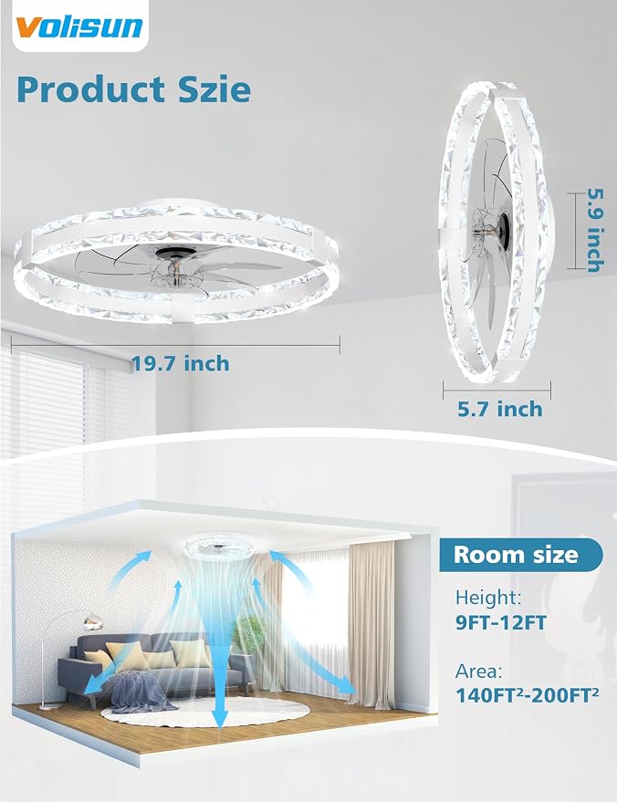 VOLISUN Low Profile Ceiling Fans with Lights and Remote, 20in Fandelier Ceiling Fans with Lights Flush Mount, Dimmable Bladeless LED Ceiling Fan Light, White Modern Ceiling Fan Light for Bedroom