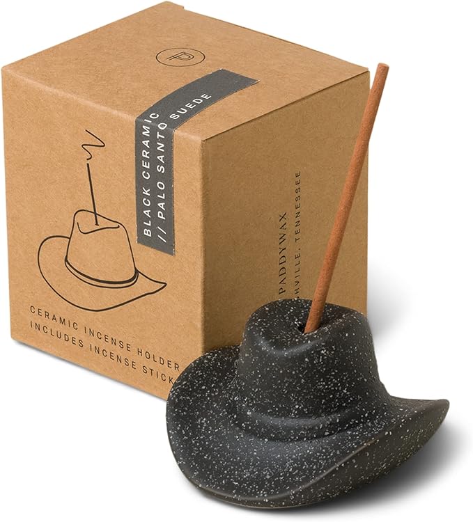 Paddywax Incense Burner Textured Ceramic Cowboy Hat with Incense Sticks, 100-Sticks, Black