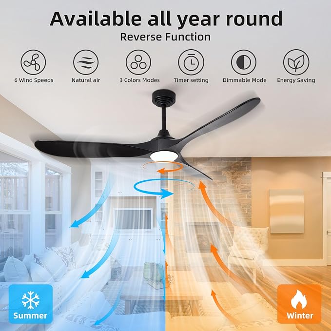 60” Outdoor Ceiling Fan with Light 3 Downrods, Smart Wood Ceiling Fan Compatible with Alexa/Google/App, 3 Blades Modern Black Wood Ceiling Fans for Kitchen Living Room Patio