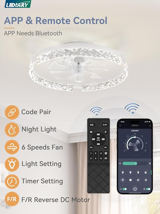 LEDIARY 2 Pack 20 Inch Ceiling Fans with Lights and Remote, Fandelier Modern Low Profile Ceiling Fan, 3000K-6000K Dimmable LED Fan Light, White Flush Mount Ceiling Fans with Lights for Bedroom