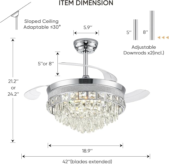 42 Inch Fandelier Ceiling Fan with Light, Chandelier Ceiling Fans with Lights, Crystal Ceiling Fans for Bedroom Living Room, LED Dimmable, 6 Wind Speed,3 Color Temperatures-Chrome