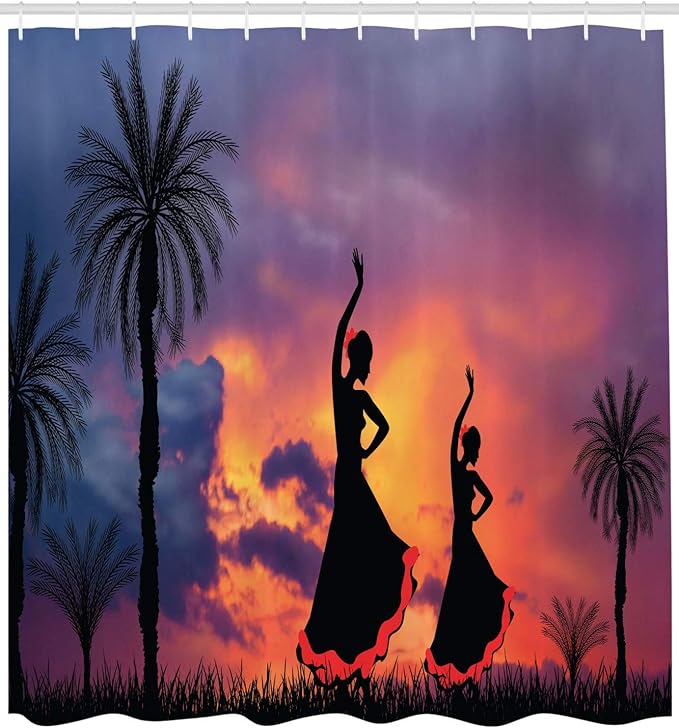 Ambesonne Spanish Shower Curtain, Silhouette of 2 Girls Dancing Flamenco with Dramatic Cloudy Sunset Sky Background, Cloth Fabric Bathroom Decor Set with Hooks, 69" W x 75" L, Salmon Pale Purple