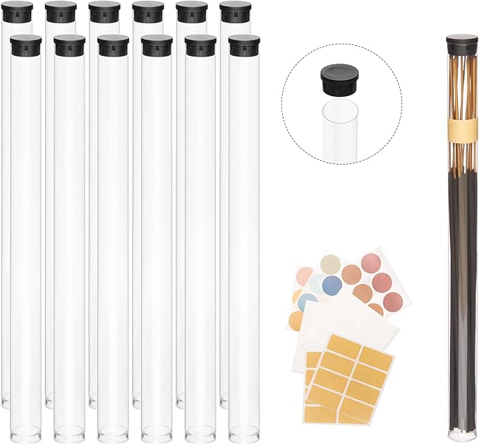Clear Plastic Tube with Black lid, 12 Pack, Storage Holder for 8-10 inch Incense Sticks, Preserves Aroma (12)