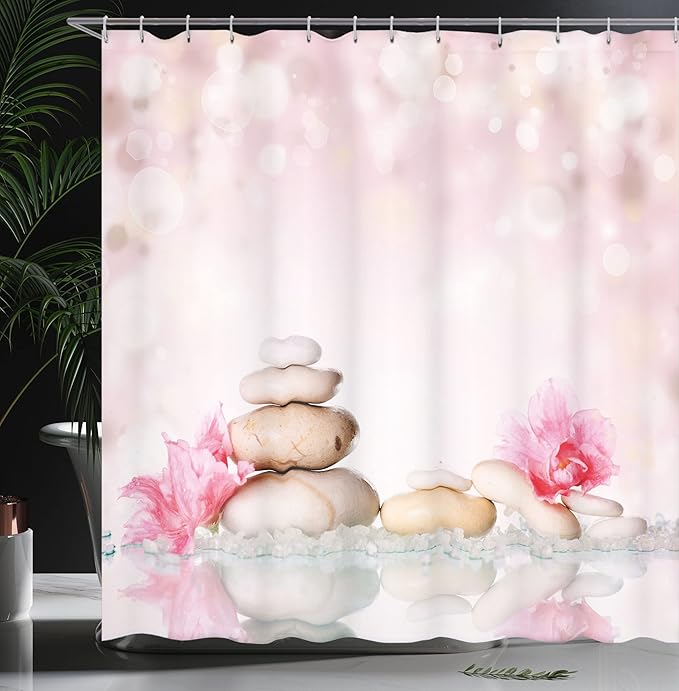 Ambesonne Spa Shower Curtain, Bohemian Stones and Soft Petals Therapy Tradition Yoga Picture, Cloth Fabric Bathroom Decor Set with Hooks, 69" W x 70" L, Pale Pink Peach